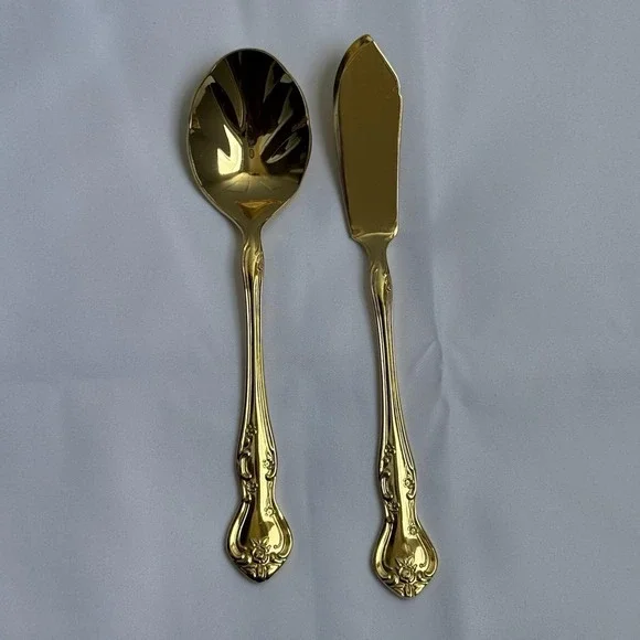 Reed & Barton Ultra Select Gold Plate Serving Spoon Butter Knife Set Japan - Picture 2 of 11